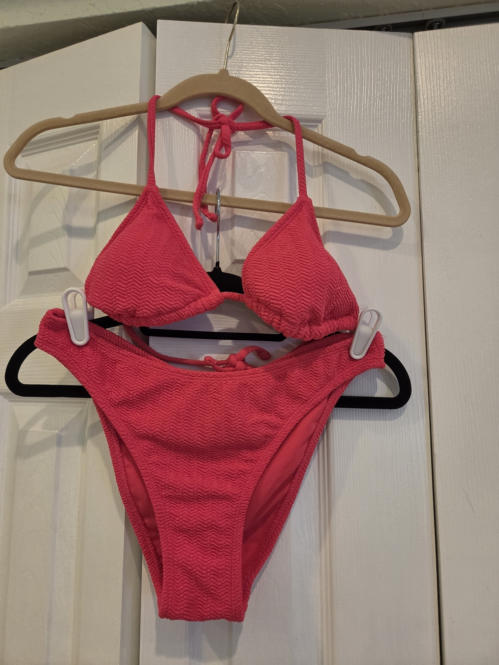 No Boundaries Hot Pink Textured Triangle Bikini Set